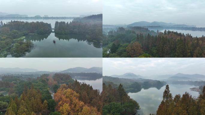 4K航拍秋季杭州西湖游船 烟雨西湖 秋天