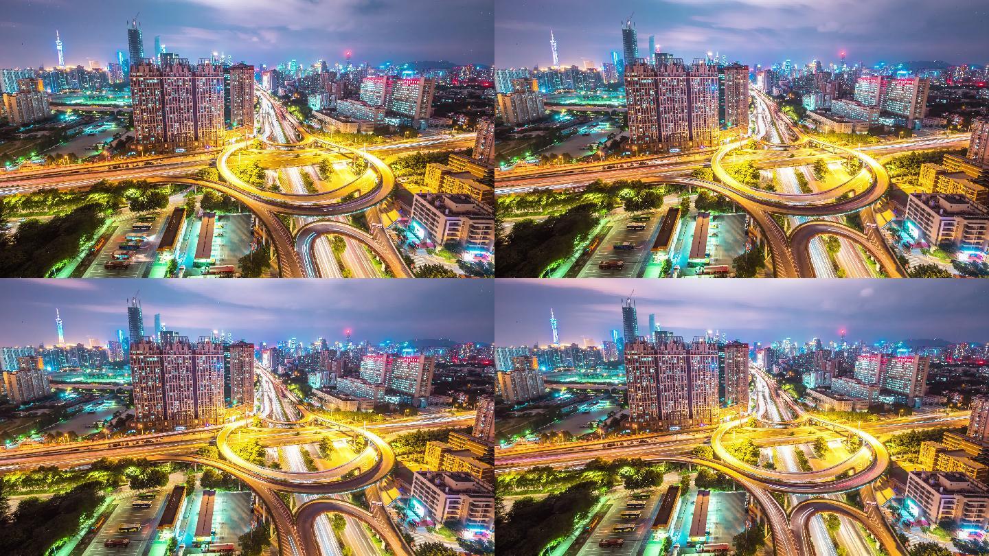 城市交通延时广州夜色环形立交夜经济