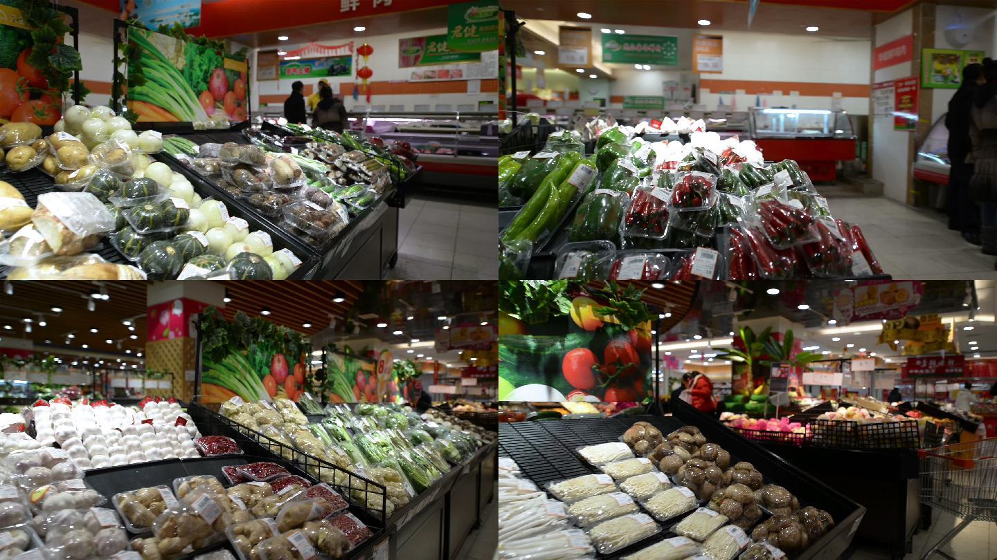 现代超市内部。实拍蔬果区陈列摆放