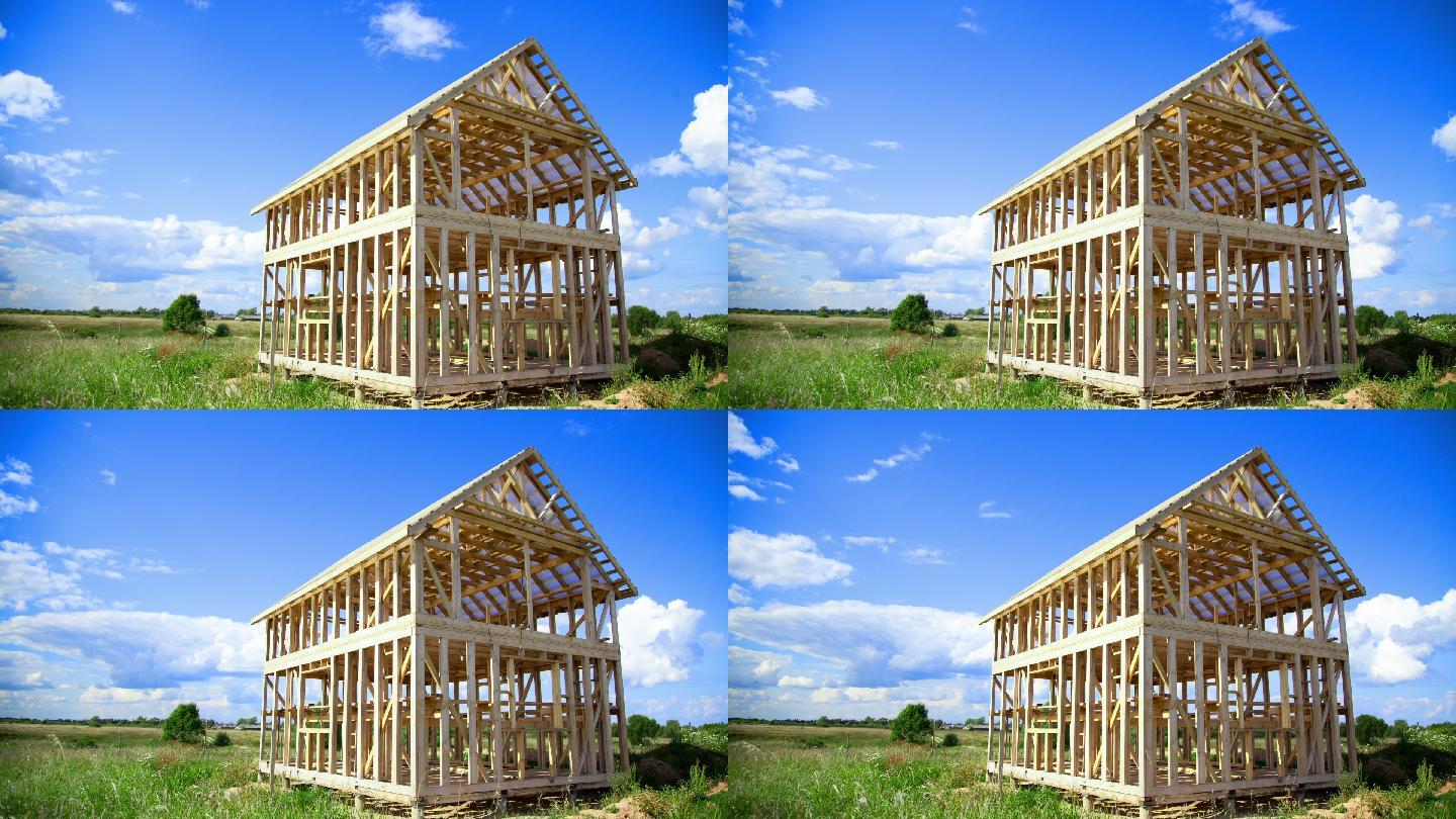 正在搭建的房屋木屋结构框架