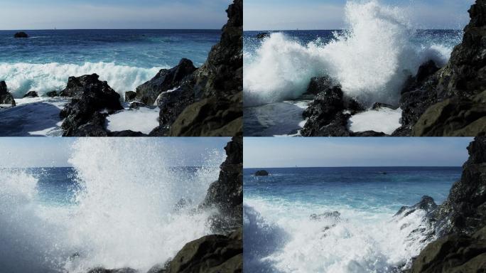 汹涌的海浪拍打岩石