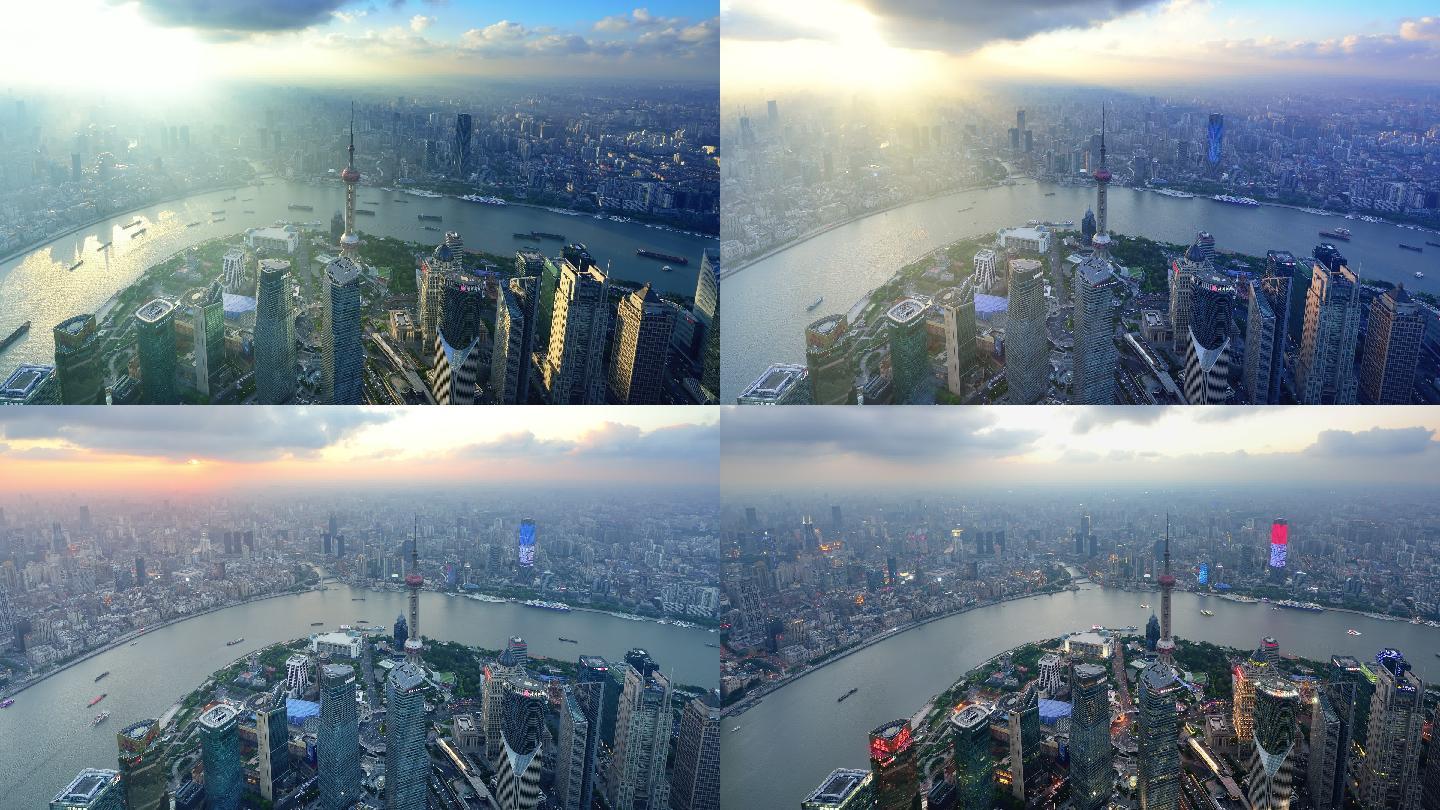 从白天到晚上，上海城市景观鸟瞰图