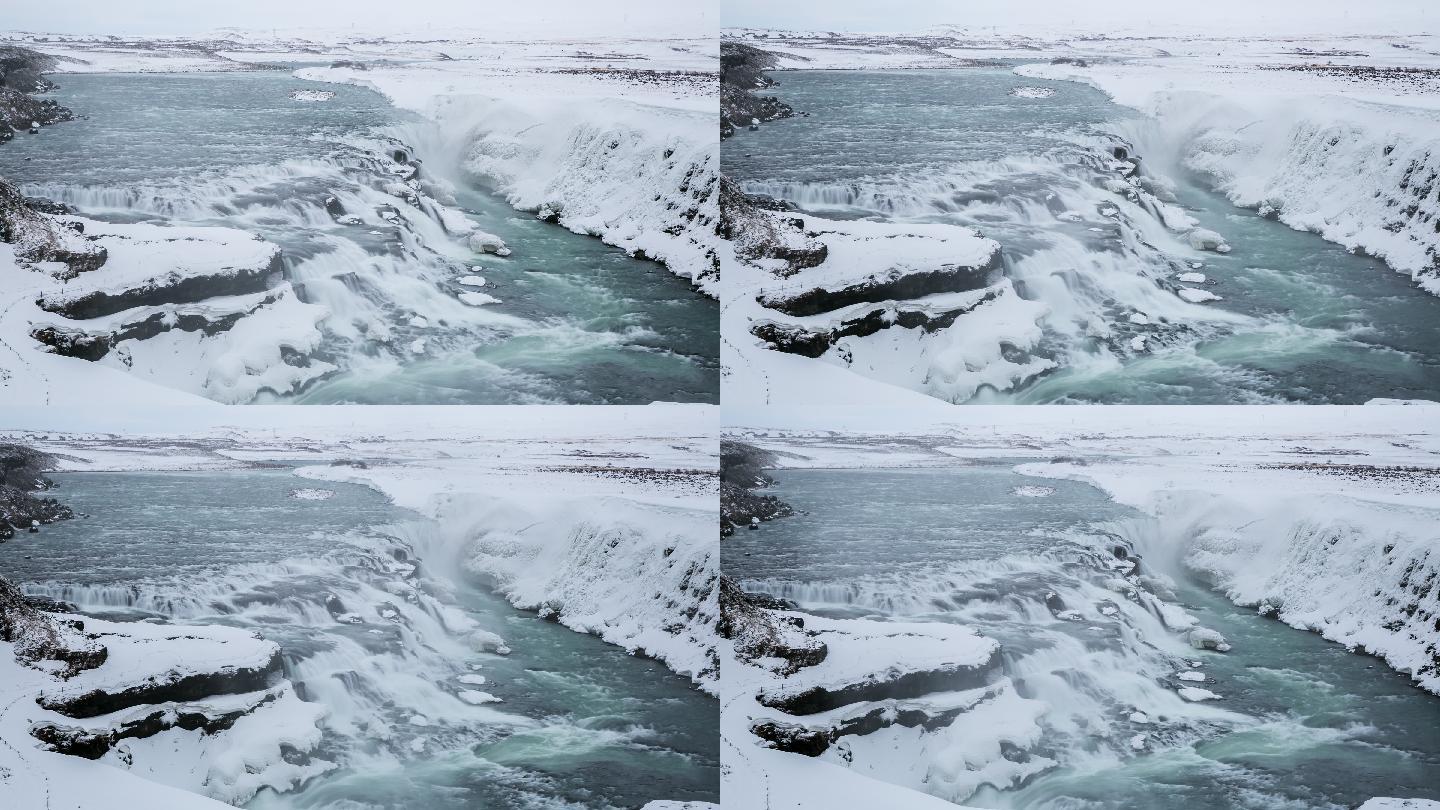 冰岛湾金色瀑布冬季严冬气流冰雪覆盖