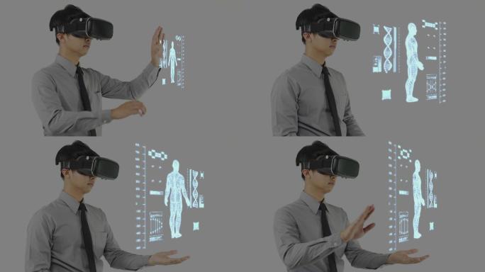 一个男人戴着虚拟现实头盔进行诊断。