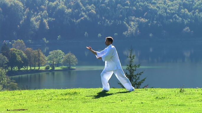 一个人在绿色的田野上练习太极