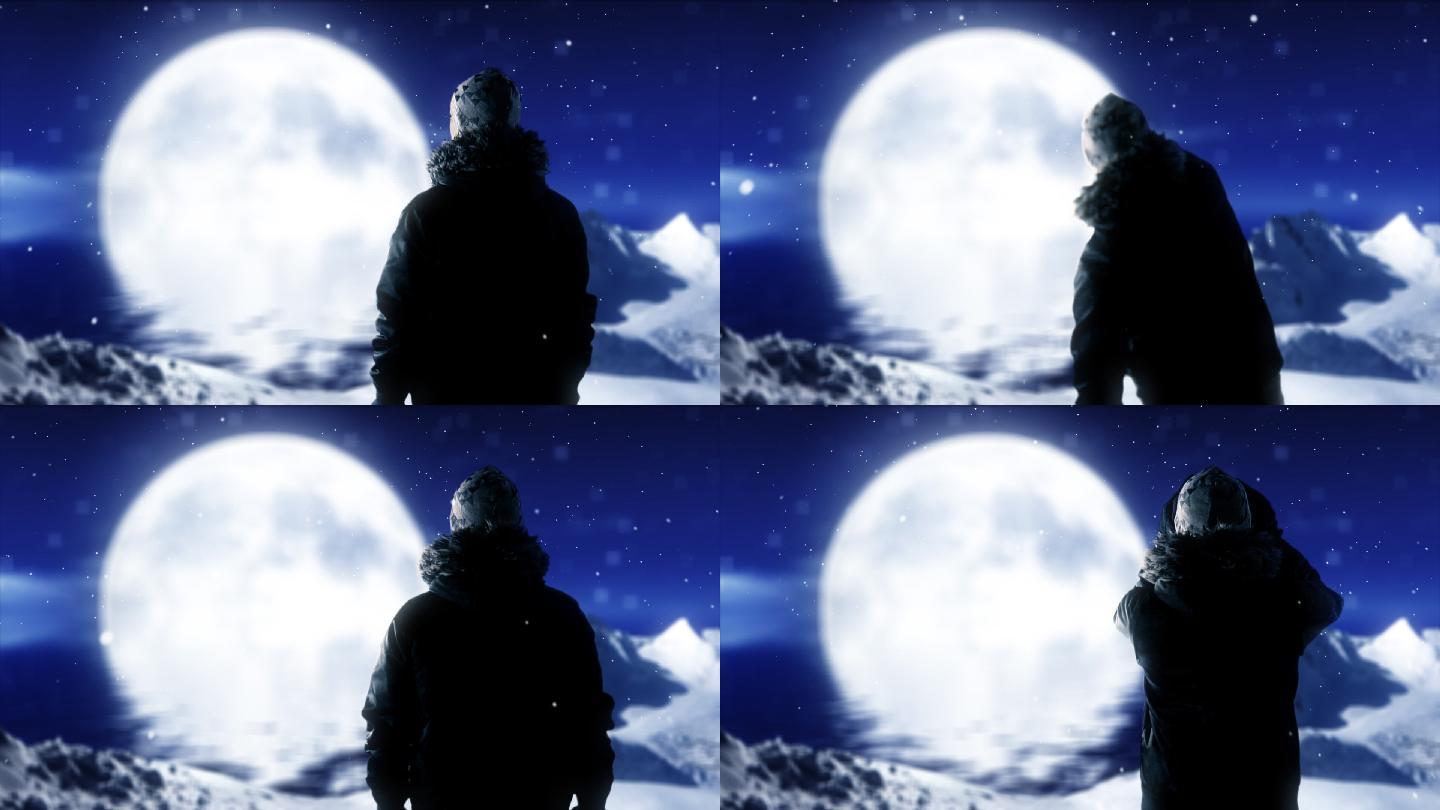 月亮前的人夜景冰川旅行冬季孤单