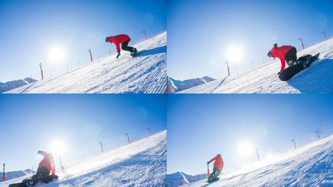 娴熟的滑雪者雪山滑雪运动阳光下滑雪冬季运