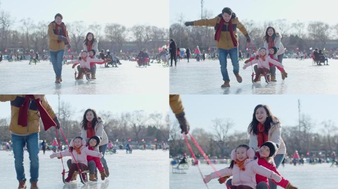 年轻家庭在冰上玩耍
