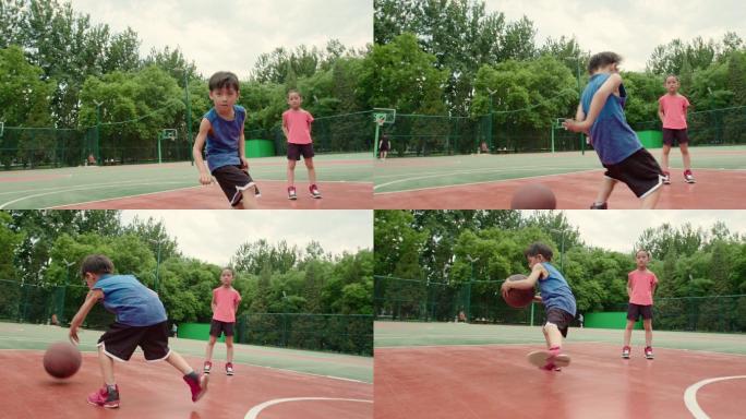 儿童在篮球场打篮球