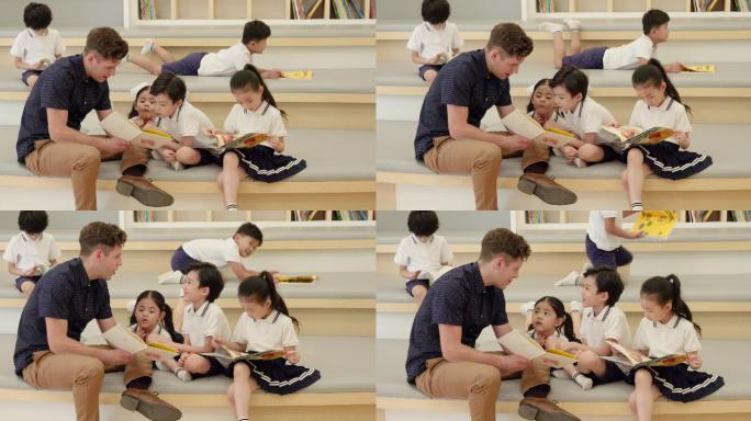 幼儿园外教和孩子们在图书馆看书