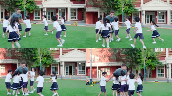 幼儿园外教和学生在操场玩耍