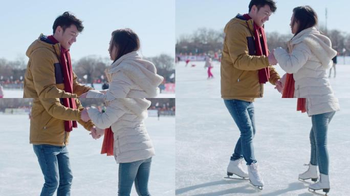 年轻情侣户外滑冰