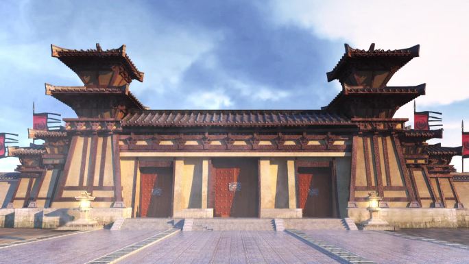 中式秦汉时期古建筑大门殿门城门