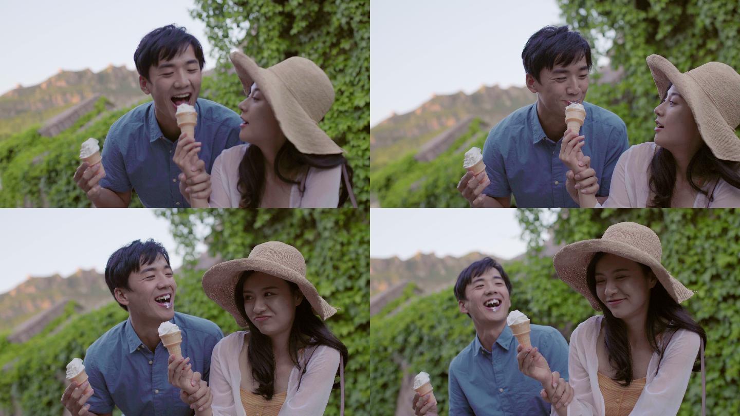 快乐的年轻情侣吃冰淇淋