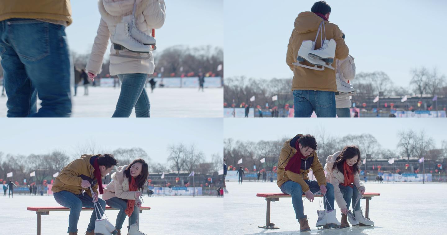 年轻情侣户外滑冰