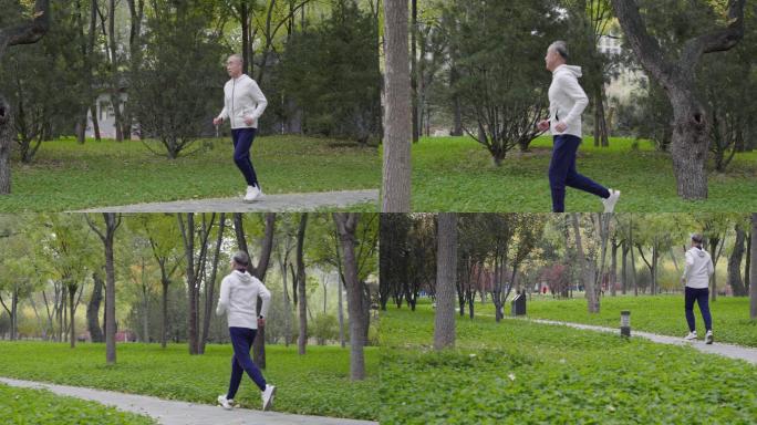 开心的老年男子在公园跑步