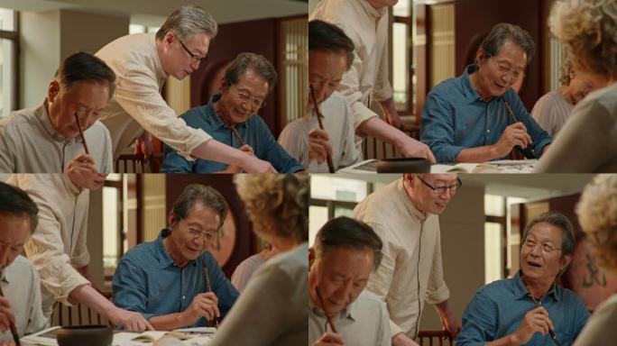 老人们聚在一起练习书法