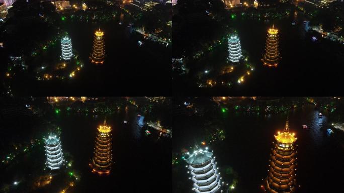 航拍广西桂林日月双塔夜景