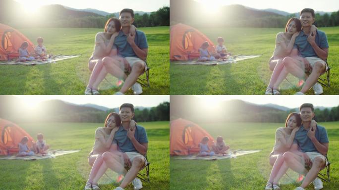 年轻家庭户外野餐亲子陪伴二胎草坪