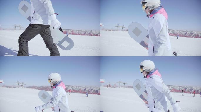 年轻女子户外滑雪女子走在雪地上