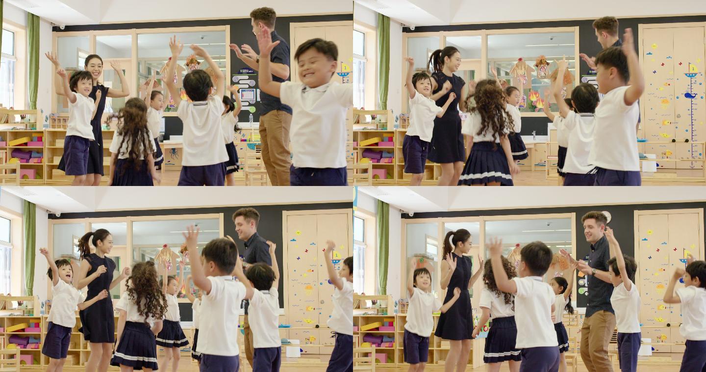 幼儿园老师和孩子们在教室里玩耍