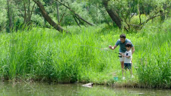 父子俩在户外钓鱼路亚渔具鱼竿