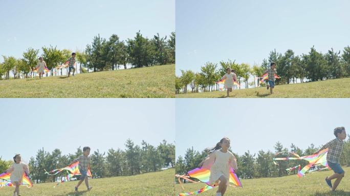 快乐的孩子们在草地上放风筝