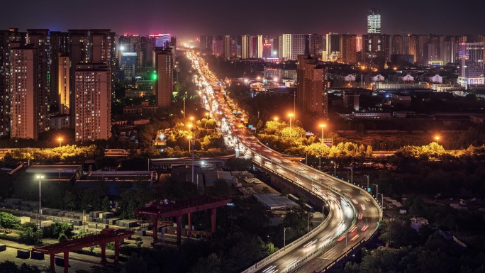 城市高架桥车流车轨夜景延时