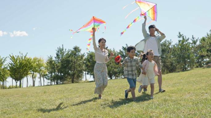 快乐的年轻家庭在草地上放风筝