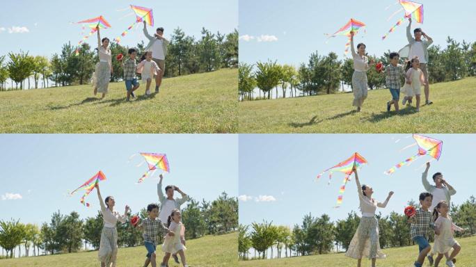 快乐的年轻家庭在草地上放风筝