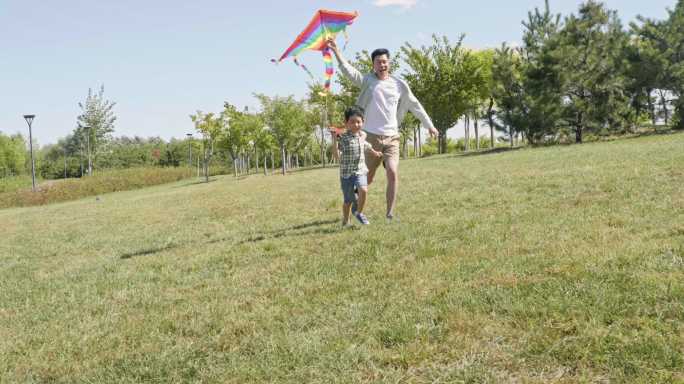 快乐的父子俩在草地上放风筝