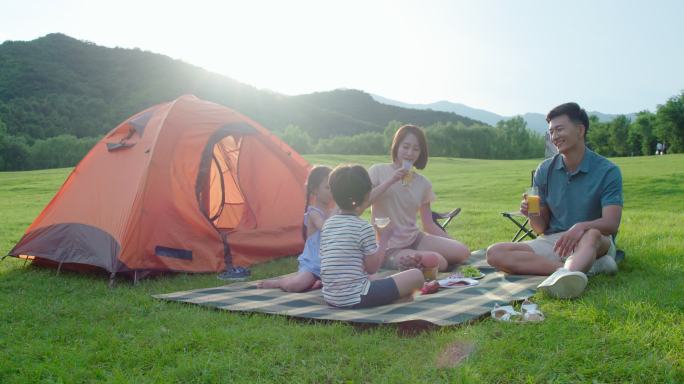 年轻家庭户外野餐野外野营亲子
