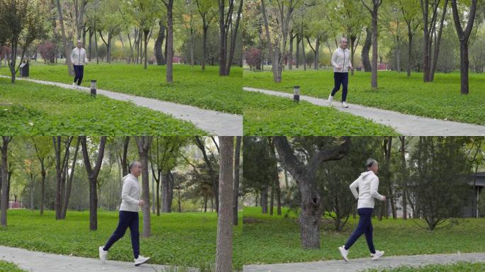 开心的老年男子在公园跑步