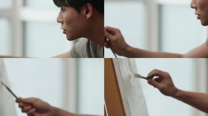 年轻男子在家画画绘画美术素描写生画画培训