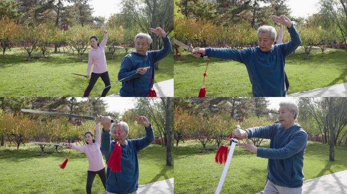 快乐的老年人在公园舞剑