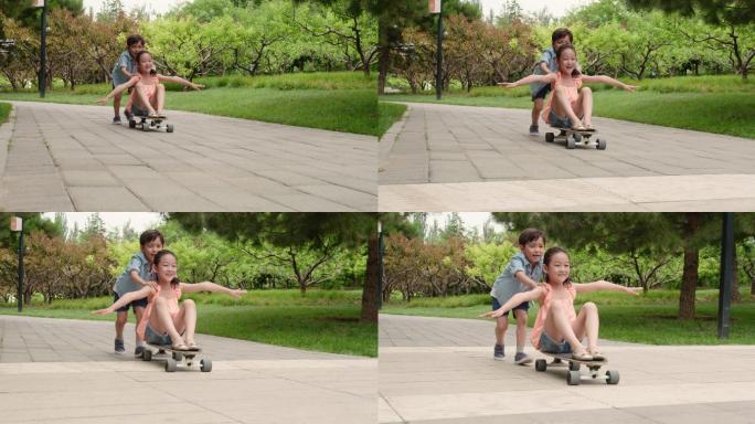 儿童在公园里玩滑板