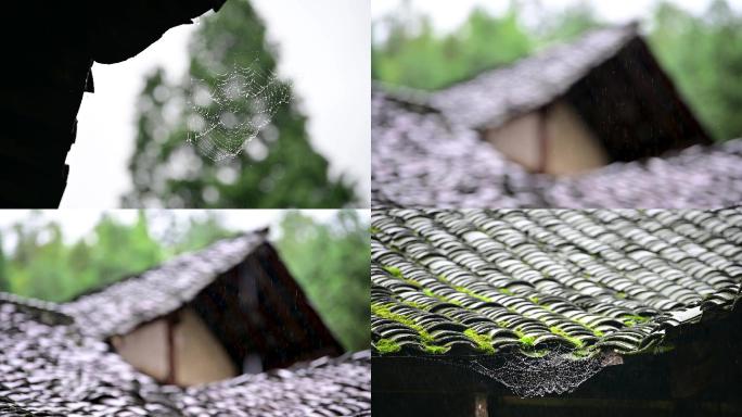 下雨天瓦房檐口雨景