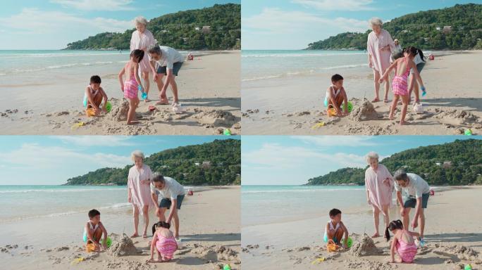 快乐家庭海边度假孩子儿童大海沙滩玩耍游玩