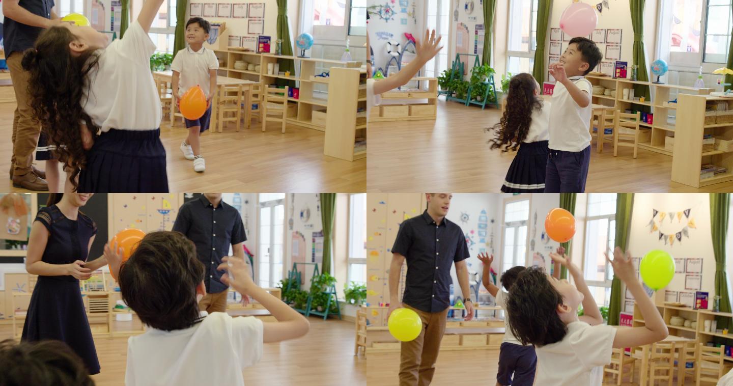 孩子们在幼儿园教室里玩气球