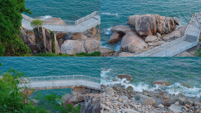 滨海栈道大海海浪蓝天白云海岸线海水波涛