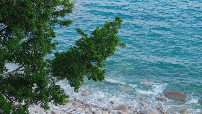 滨海栈道大海海浪蓝天白云海岸线海水波涛