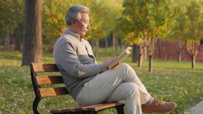 老年人在公园读书退休男人幸福晚年安逸生活
