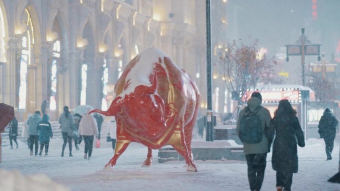 中国东北辽宁沈阳中街大雪中的夜景街道