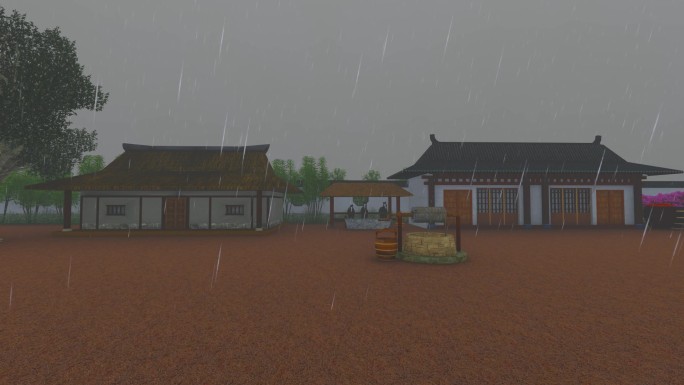 古代茅草屋瓦房民居小院场景-雨景