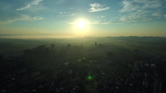 4K 航拍  城市  太阳  日出