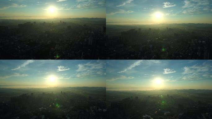 4K 航拍  城市  太阳  日出
