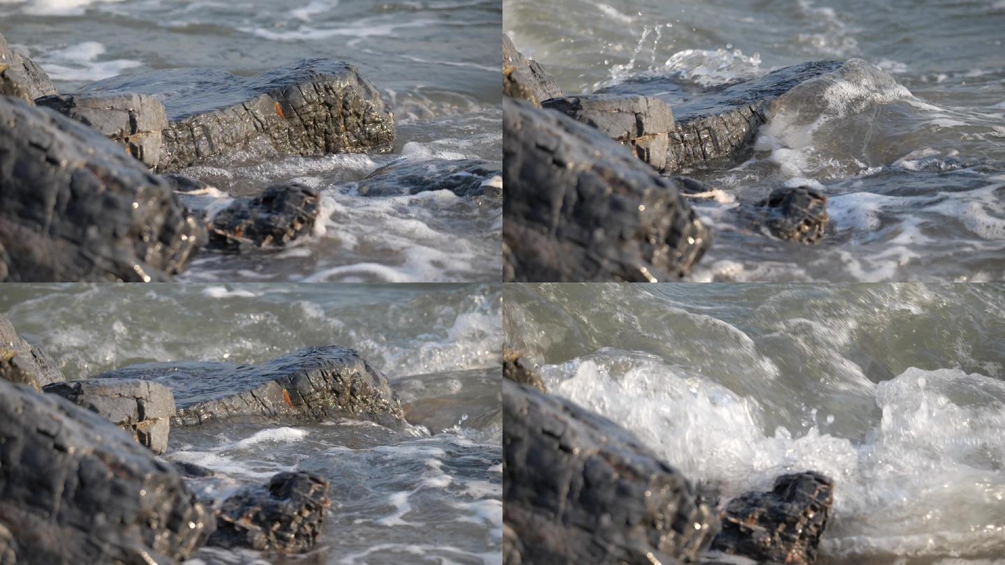 大海冲击浪花翻滚流动的水泉水