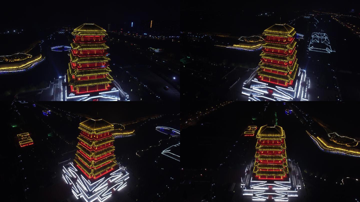 西安汉城湖汉大风阁夜景航拍西安地标性建筑