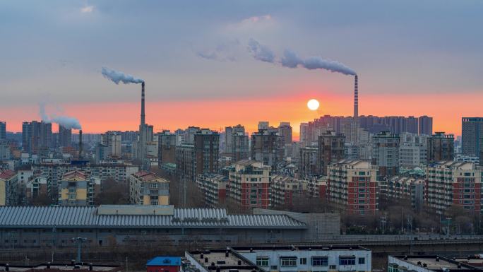 中国辽宁沈阳城市建筑日出烟囱延时摄影
