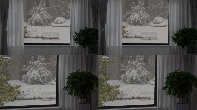 4k升格拍摄窗外飘雪的唯美镜头，城市冬季